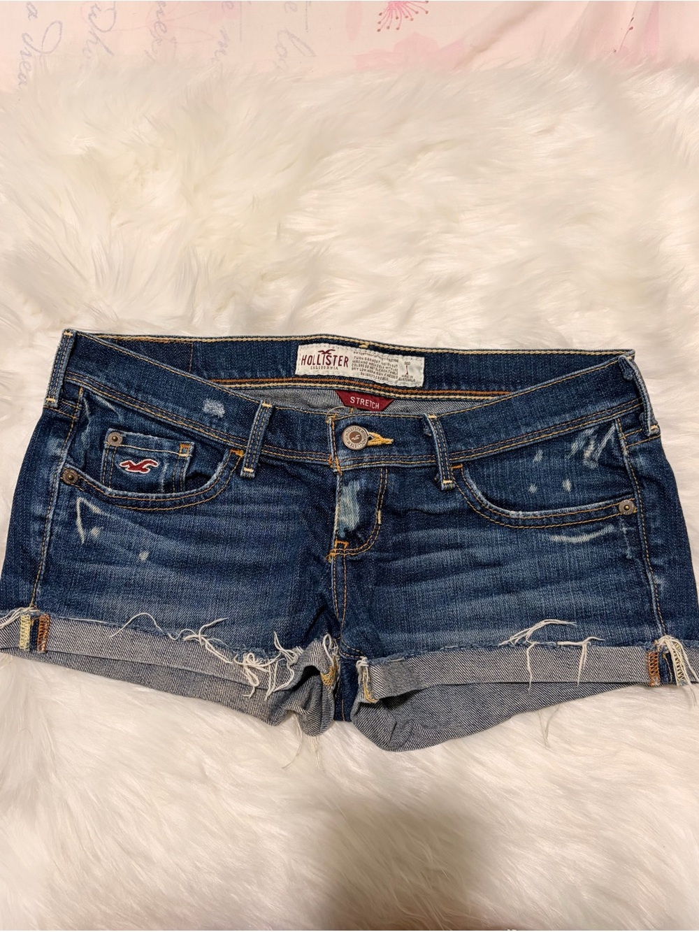 Y2K 2000s Hollister Women's Dark Wash Distressed Denim Low Rise Jean Shorts
